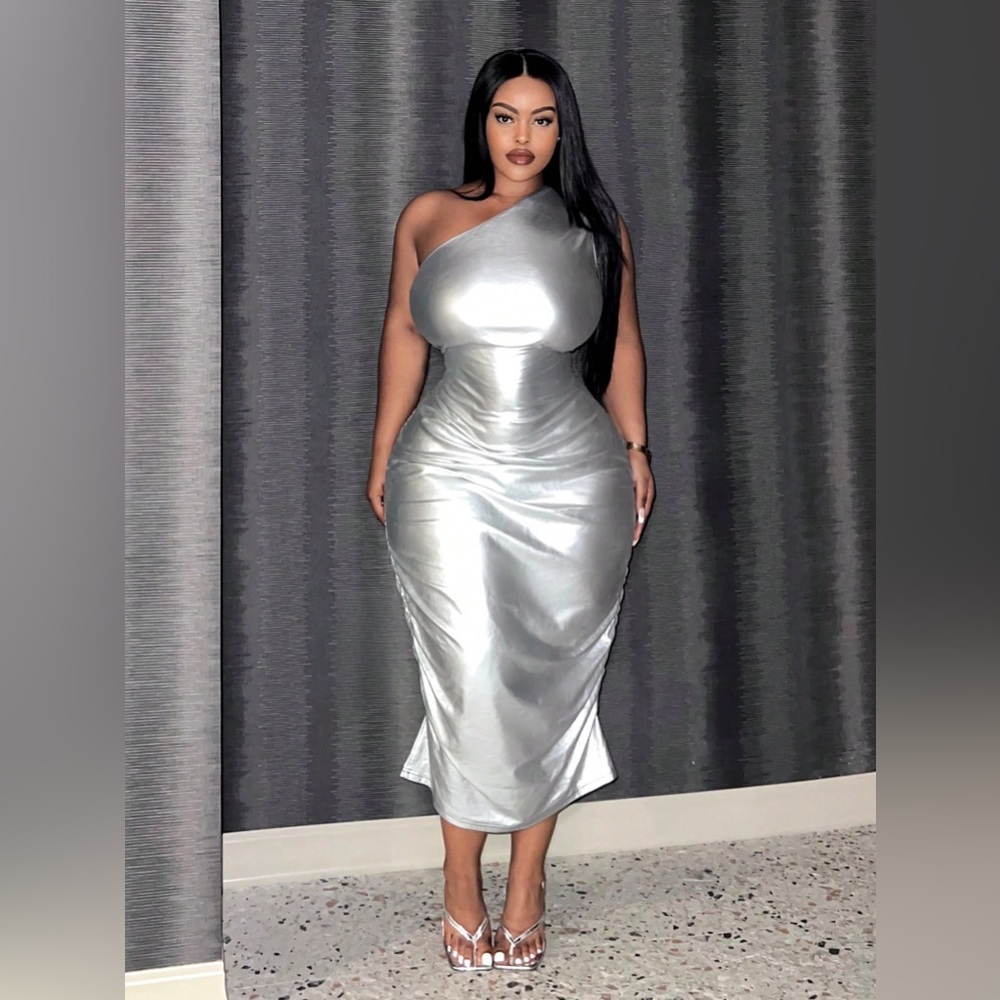 SHEIN Slayr Plus One Shoulder Ruched Side Metallic Dress